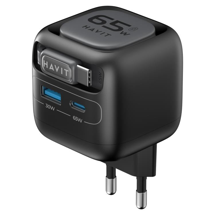 Caricabatterie da viaggio Havit UC253 3 in 1 GaN da 65 W con cavo retrattile Type-C., UC253(EU Plug)