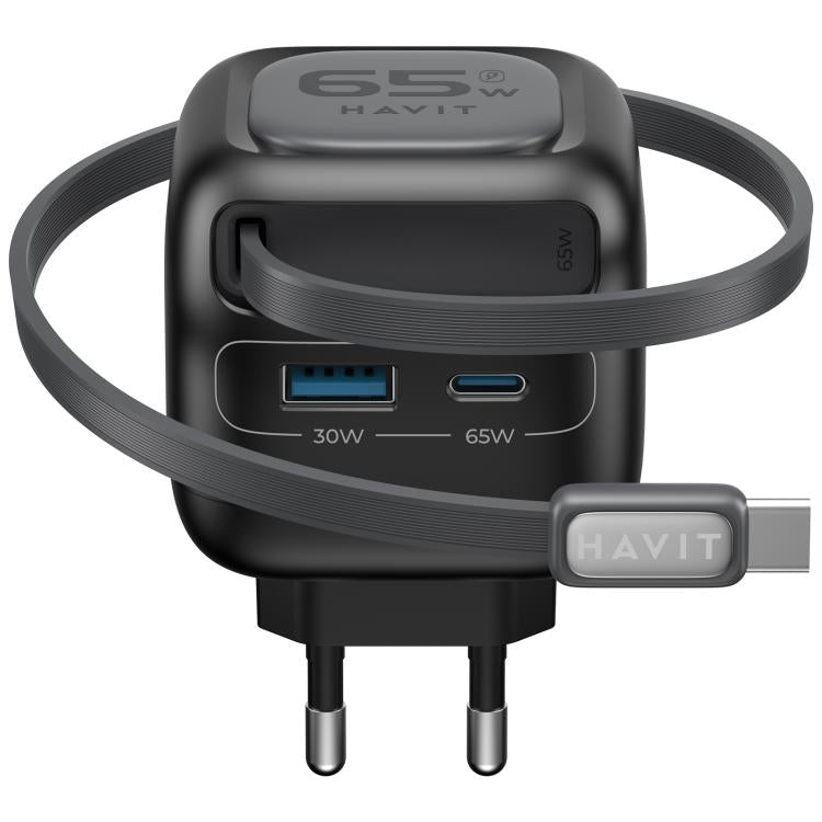 Caricabatterie da viaggio Havit UC253 3 in 1 GaN da 65 W con cavo retrattile Type-C., UC253(EU Plug)