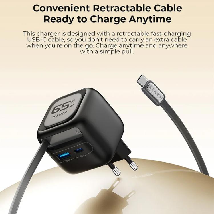 Caricabatterie da viaggio Havit UC253 3 in 1 GaN da 65 W con cavo retrattile Type-C., UC253(EU Plug)