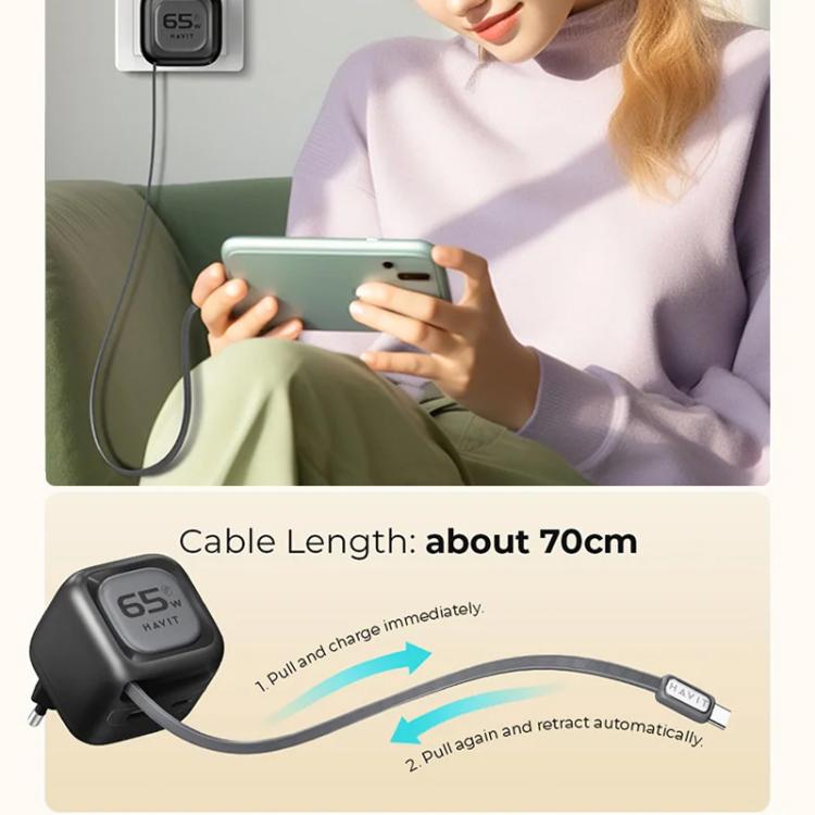 Caricabatterie da viaggio Havit UC253 3 in 1 GaN da 65 W con cavo retrattile Type-C., UC253(EU Plug)