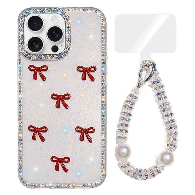 Custodia per telefono IMD con fiocco colorato scintillante e bracciale, For iPhone 16 Pro Max, For iPhone 16 Pro