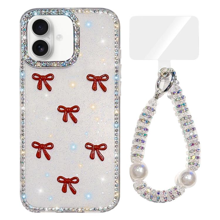 Custodia per telefono IMD con fiocco colorato scintillante e bracciale, For iPhone 16 Plus, For iPhone 16