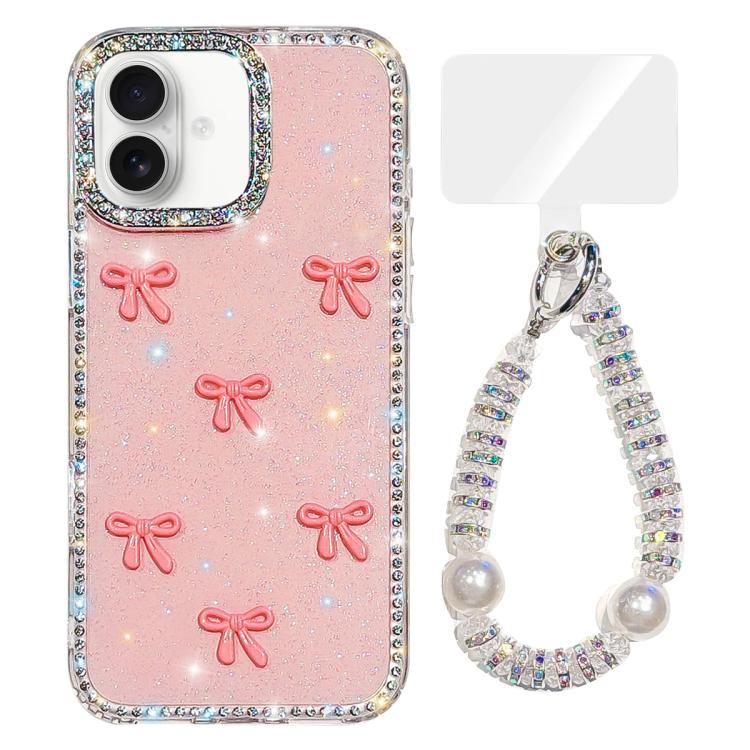 Custodia per telefono IMD con fiocco colorato scintillante e bracciale, For iPhone 16 Plus, For iPhone 16
