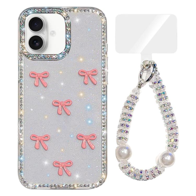 Custodia per telefono IMD con fiocco colorato scintillante e bracciale, For iPhone 16 Plus, For iPhone 16