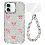 Custodia per telefono IMD con fiocco colorato scintillante e bracciale, For iPhone 16 Plus, For iPhone 16