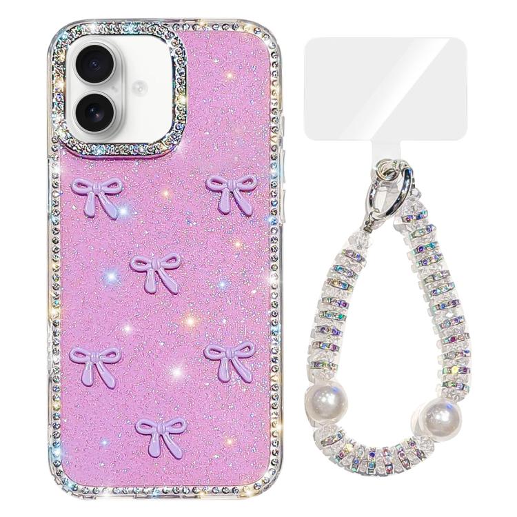 Custodia per telefono IMD con fiocco colorato scintillante e bracciale, For iPhone 16 Plus, For iPhone 16