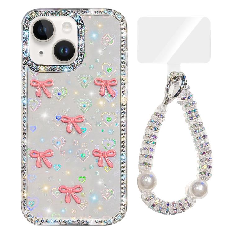Custodia per telefono IMD con fiocco colorato scintillante e bracciale, For iPhone 15, For iPhone 14