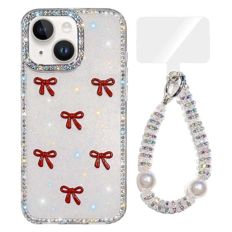 Custodia per telefono IMD con fiocco colorato scintillante e bracciale, For iPhone 15, For iPhone 14