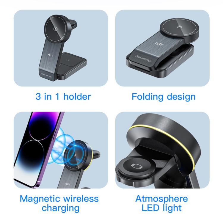 TOTU CW-1-W Base di ricarica wireless magnetica 3 in 1 per telefono, auricolari e orologio, CW-1-W