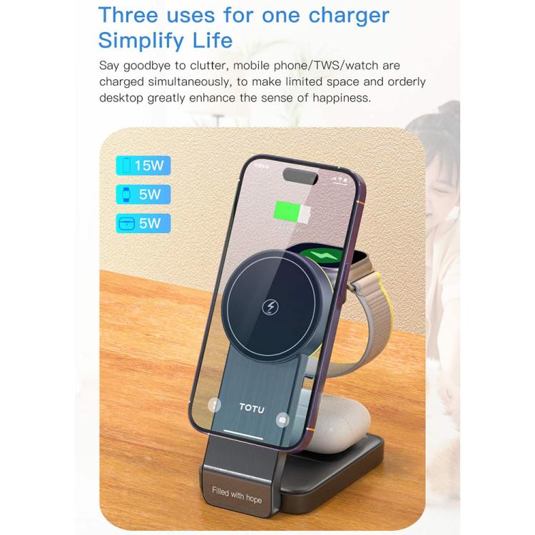 TOTU CW-1-W Base di ricarica wireless magnetica 3 in 1 per telefono, auricolari e orologio, CW-1-W