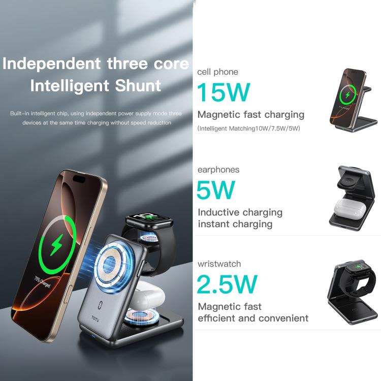 TOTU CW-4-W Stazione di ricarica wireless 3 in 1 con supporto magnetico pieghevole per telefono, orologio e auricolari, CW-4-W