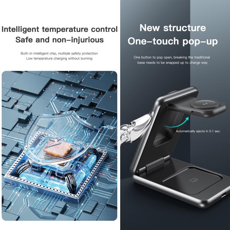 TOTU CW-4-W Stazione di ricarica wireless 3 in 1 con supporto magnetico pieghevole per telefono, orologio e auricolari, CW-4-W