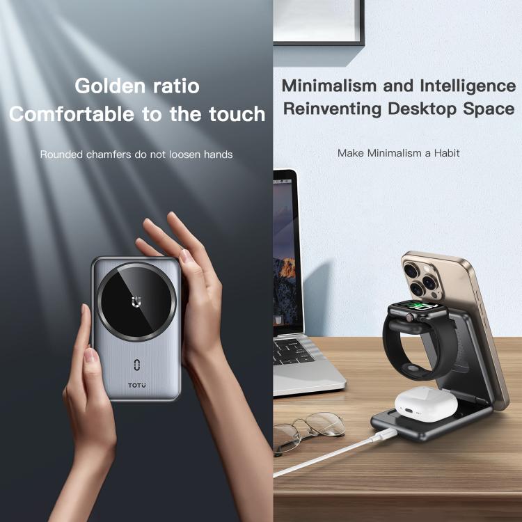 TOTU CW-4-W Stazione di ricarica wireless 3 in 1 con supporto magnetico pieghevole per telefono, orologio e auricolari, CW-4-W