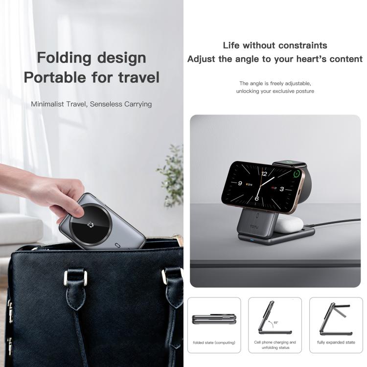 TOTU CW-4-W Stazione di ricarica wireless 3 in 1 con supporto magnetico pieghevole per telefono, orologio e auricolari, CW-4-W