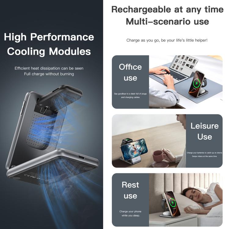 TOTU CW-4-W Stazione di ricarica wireless 3 in 1 con supporto magnetico pieghevole per telefono, orologio e auricolari, CW-4-W