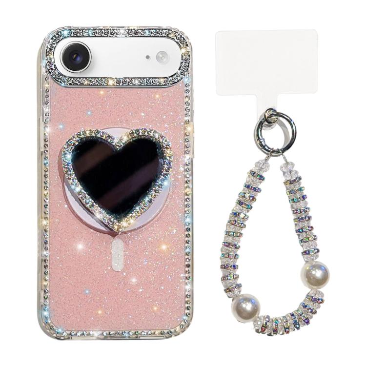 Custodia magnetica per telefono con ciondolo a forma di cuore scintillante IMD e cinturino, For iPhone 17 Pro Max, For iPhone 17 Pro, For iPhone 17, For iPhone Air
