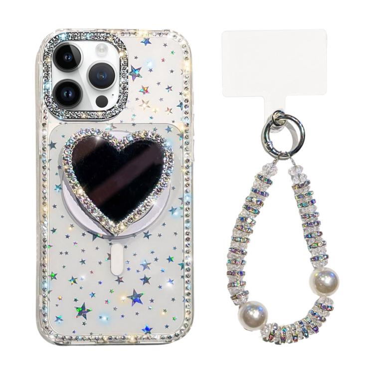 Custodia magnetica per telefono con ciondolo a forma di cuore scintillante IMD e cinturino, For iPhone 16 Pro Max, For iPhone 16 Pro, For iPhone 16, For iPhone 15 Pro Max