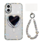 Custodia magnetica per telefono con ciondolo a forma di cuore scintillante IMD e cinturino, For iPhone 16 Pro Max, For iPhone 16 Pro, For iPhone 16, For iPhone 15 Pro Max
