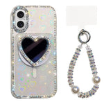 Custodia magnetica per telefono con ciondolo a forma di cuore scintillante IMD e cinturino, For iPhone 16 Pro Max, For iPhone 16 Pro, For iPhone 16, For iPhone 15 Pro Max