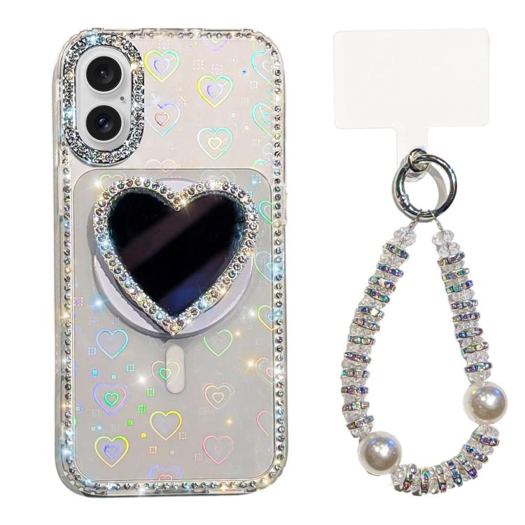 Custodia magnetica per telefono con ciondolo a forma di cuore scintillante IMD e cinturino, For iPhone 16 Pro Max, For iPhone 16 Pro, For iPhone 16, For iPhone 15 Pro Max