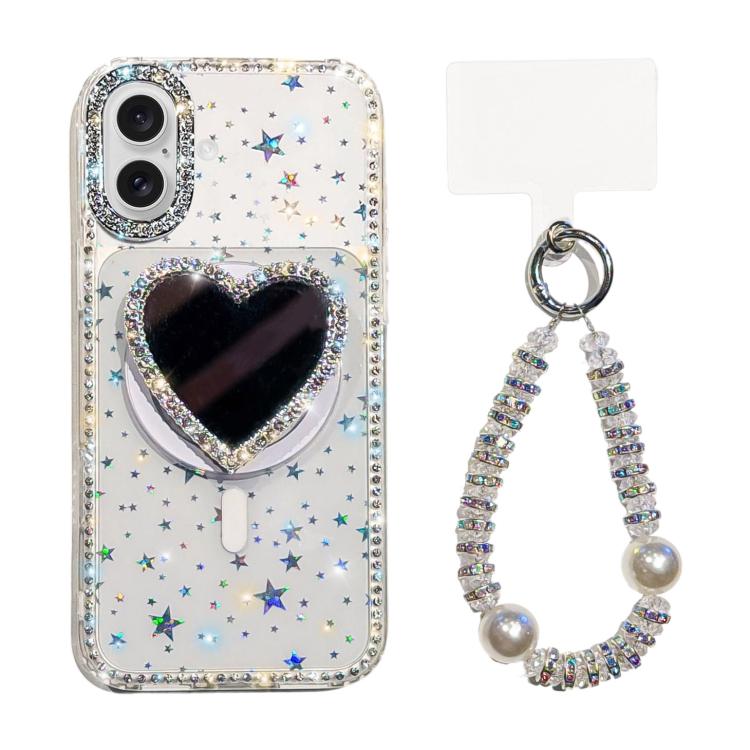 Custodia magnetica per telefono con ciondolo a forma di cuore scintillante IMD e cinturino, For iPhone 16 Pro Max, For iPhone 16 Pro, For iPhone 16, For iPhone 15 Pro Max