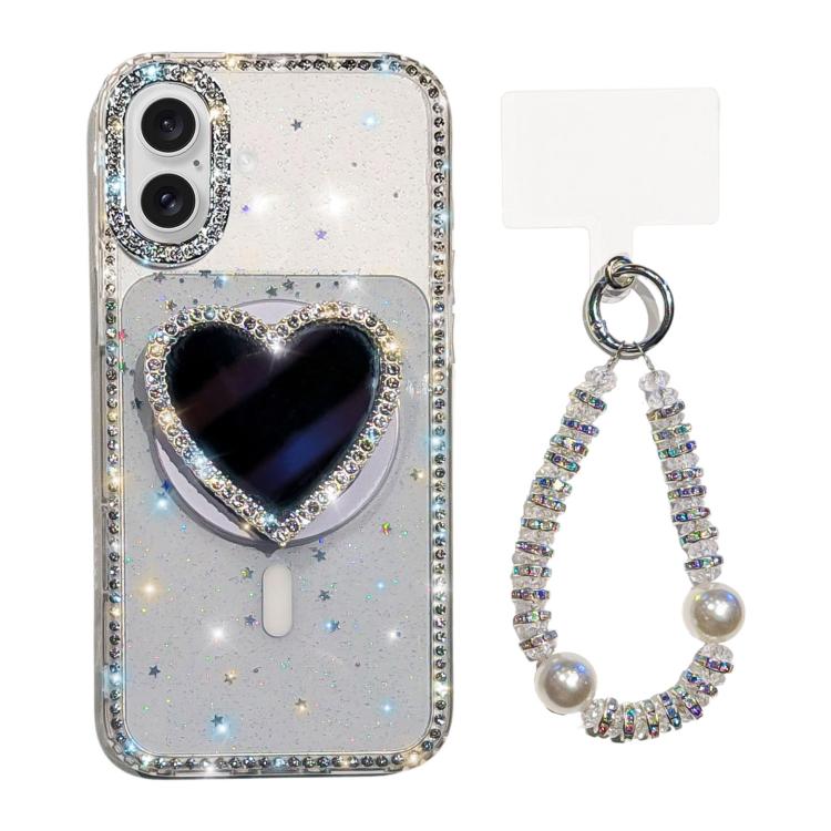 Custodia magnetica per telefono con ciondolo a forma di cuore scintillante IMD e cinturino, For iPhone 16 Pro Max, For iPhone 16 Pro, For iPhone 16, For iPhone 15 Pro Max