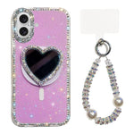 Custodia magnetica per telefono con ciondolo a forma di cuore scintillante IMD e cinturino, For iPhone 16 Pro Max, For iPhone 16 Pro, For iPhone 16, For iPhone 15 Pro Max