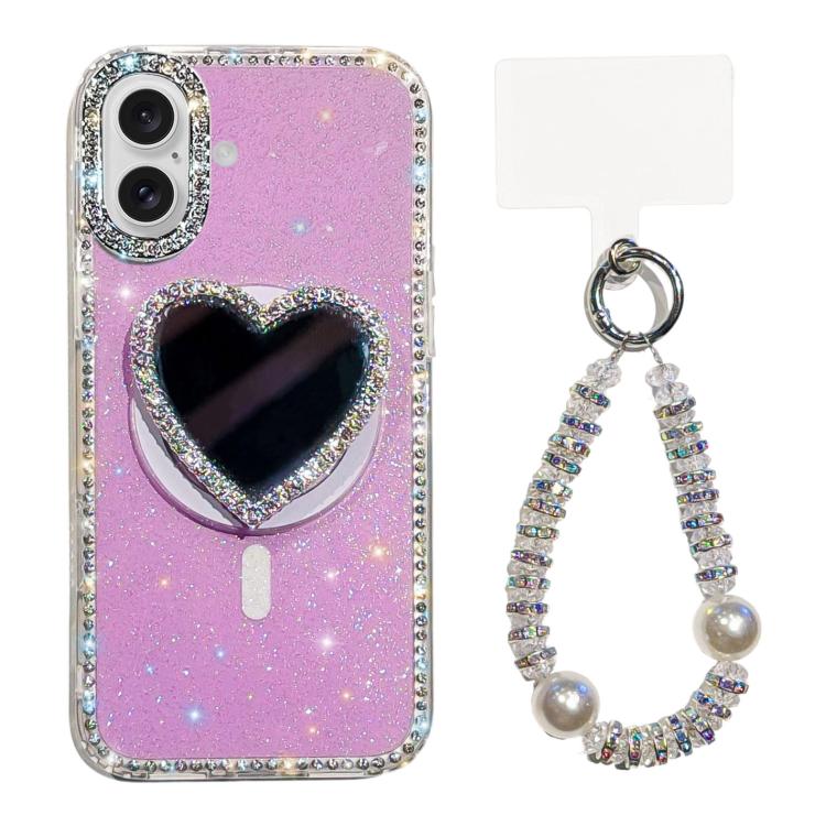 Custodia magnetica per telefono con ciondolo a forma di cuore scintillante IMD e cinturino, For iPhone 16 Pro Max, For iPhone 16 Pro, For iPhone 16, For iPhone 15 Pro Max