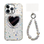 Custodia magnetica per telefono con ciondolo a forma di cuore scintillante IMD e cinturino, For iPhone 16 Pro Max, For iPhone 16 Pro, For iPhone 16, For iPhone 15 Pro Max