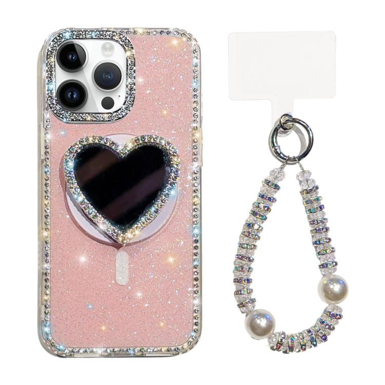 Custodia magnetica per telefono con ciondolo a forma di cuore scintillante IMD e cinturino, For iPhone 15 Pro, For iPhone 15, For iPhone 14, For iPhone 14 Pro
