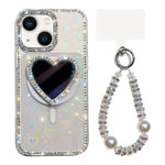 Custodia magnetica per telefono con ciondolo a forma di cuore scintillante IMD e cinturino, For iPhone 15 Pro, For iPhone 15, For iPhone 14, For iPhone 14 Pro