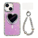 Custodia magnetica per telefono con ciondolo a forma di cuore scintillante IMD e cinturino, For iPhone 15 Pro, For iPhone 15, For iPhone 14, For iPhone 14 Pro