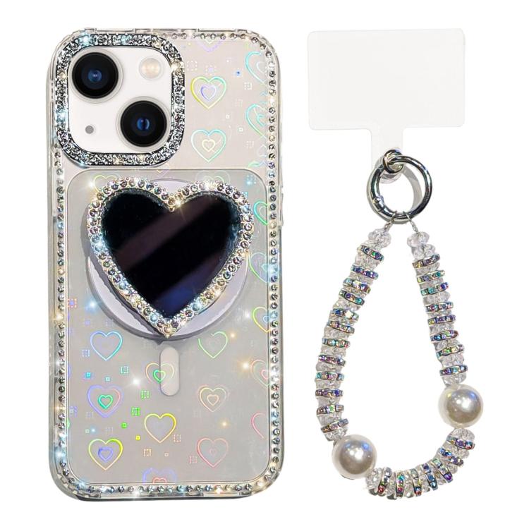 Custodia magnetica per telefono con ciondolo a forma di cuore scintillante IMD e cinturino, For iPhone 15 Pro, For iPhone 15, For iPhone 14, For iPhone 14 Pro