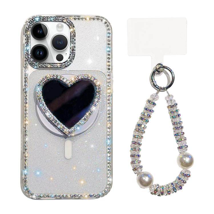 Custodia magnetica per telefono con ciondolo a forma di cuore scintillante IMD e cinturino, For iPhone 14 Pro Max, For iPhone 13 Pro Max, For iPhone 13 Pro, For iPhone 13