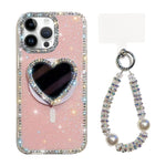 Custodia magnetica per telefono con ciondolo a forma di cuore scintillante IMD e cinturino, For iPhone 14 Pro Max, For iPhone 13 Pro Max, For iPhone 13 Pro, For iPhone 13