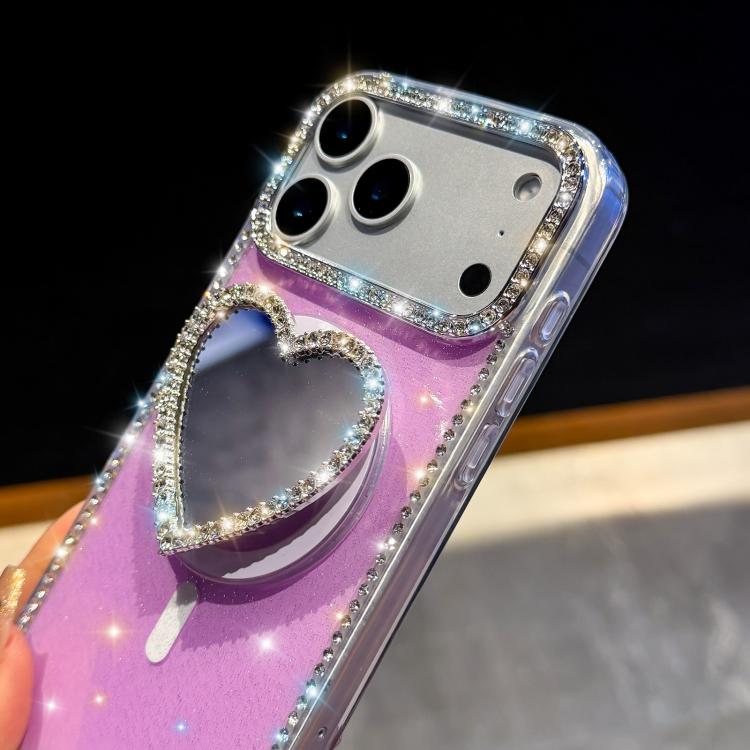 Custodia magnetica per telefono con ciondolo a forma di cuore scintillante IMD e cinturino, For iPhone 16 Pro Max, For iPhone 16 Pro, For iPhone 16, For iPhone 15 Pro Max