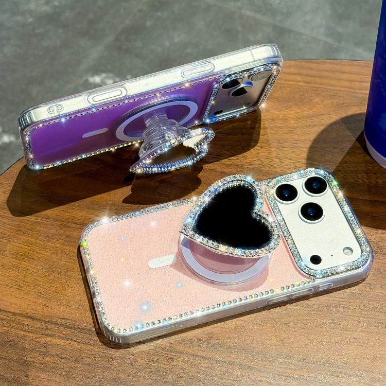 Custodia magnetica per telefono con ciondolo a forma di cuore scintillante IMD e cinturino, For iPhone 15 Pro, For iPhone 15, For iPhone 14, For iPhone 14 Pro