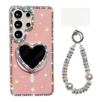 Custodia magnetica per telefono con ciondolo a forma di cuore scintillante IMD e cinturino, For Samsung Galaxy S24+ 5G, For Samsung Galaxy S24 5G, For Samsung Galaxy S23 Ultra 5G