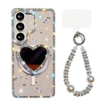 Custodia magnetica per telefono con ciondolo a forma di cuore scintillante IMD e cinturino, For Samsung Galaxy S24+ 5G, For Samsung Galaxy S24 5G, For Samsung Galaxy S23 Ultra 5G