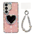 Custodia magnetica per telefono con ciondolo a forma di cuore scintillante IMD e cinturino, For Samsung Galaxy S25+ 5G, For Samsung Galaxy S25 Ultra 5G, For Samsung Galaxy S24 FE 5G, For Samsung Galaxy S24 Ultra 5G