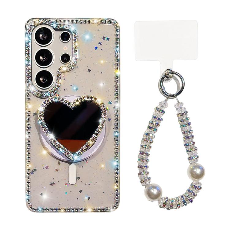 Custodia magnetica per telefono con ciondolo a forma di cuore scintillante IMD e cinturino, For Samsung Galaxy S25+ 5G, For Samsung Galaxy S25 Ultra 5G, For Samsung Galaxy S24 FE 5G, For Samsung Galaxy S24 Ultra 5G