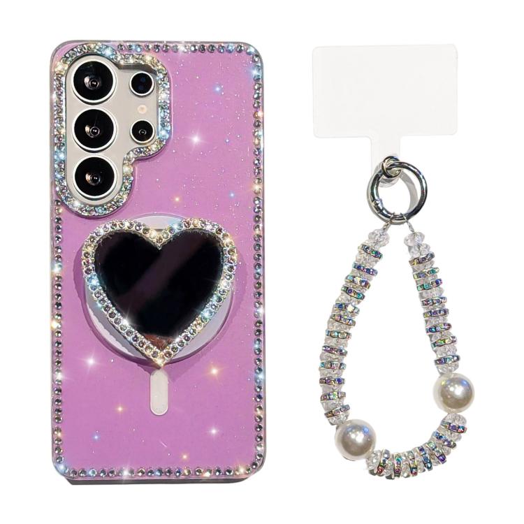 Custodia magnetica per telefono con ciondolo a forma di cuore scintillante IMD e cinturino, For Samsung Galaxy S25+ 5G, For Samsung Galaxy S25 Ultra 5G, For Samsung Galaxy S24 FE 5G, For Samsung Galaxy S24 Ultra 5G