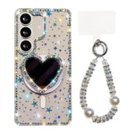 Custodia magnetica per telefono con ciondolo a forma di cuore scintillante IMD e cinturino, For Samsung Galaxy S26+ 5G, For Samsung Galaxy S26 Ultra 5G, For Samsung Galaxy S26 5G, For Samsung Galaxy S25 5G