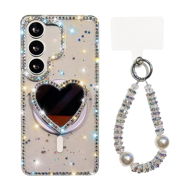 Custodia magnetica per telefono con ciondolo a forma di cuore scintillante IMD e cinturino, For Samsung Galaxy S26+ 5G, For Samsung Galaxy S26 Ultra 5G, For Samsung Galaxy S26 5G, For Samsung Galaxy S25 5G