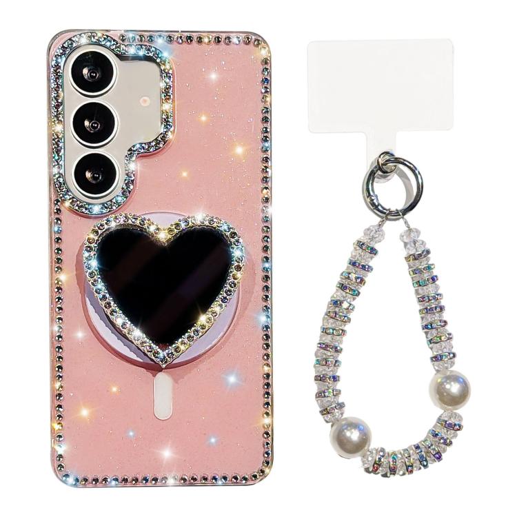 Custodia magnetica per telefono con ciondolo a forma di cuore scintillante IMD e cinturino, For Samsung Galaxy S26+ 5G, For Samsung Galaxy S26 Ultra 5G, For Samsung Galaxy S26 5G, For Samsung Galaxy S25 5G