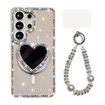Custodia magnetica per telefono con ciondolo a forma di cuore scintillante IMD e cinturino, For Samsung Galaxy S25+ 5G, For Samsung Galaxy S25 Ultra 5G, For Samsung Galaxy S24 FE 5G, For Samsung Galaxy S24 Ultra 5G