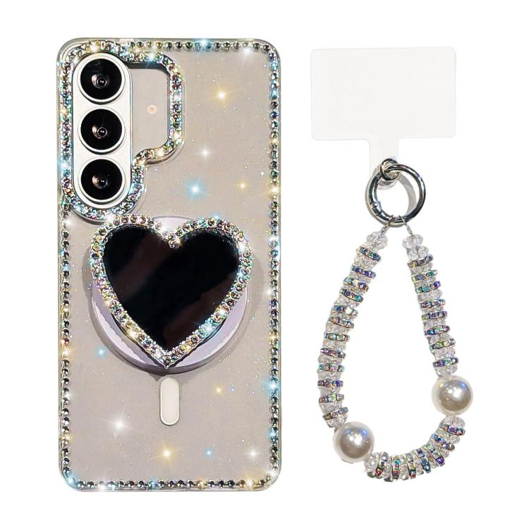 Custodia magnetica per telefono con ciondolo a forma di cuore scintillante IMD e cinturino, For Samsung Galaxy S26+ 5G, For Samsung Galaxy S26 Ultra 5G, For Samsung Galaxy S26 5G, For Samsung Galaxy S25 5G