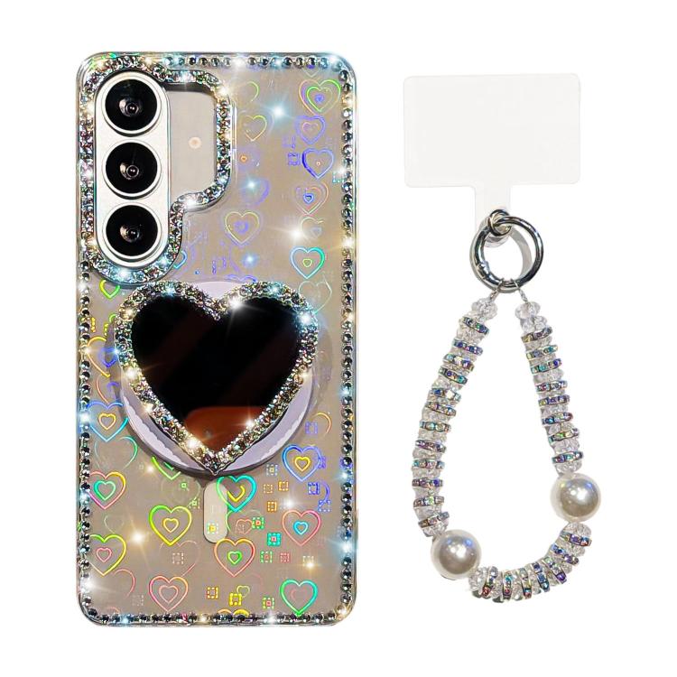 Custodia magnetica per telefono con ciondolo a forma di cuore scintillante IMD e cinturino, For Samsung Galaxy S26+ 5G, For Samsung Galaxy S26 Ultra 5G, For Samsung Galaxy S26 5G, For Samsung Galaxy S25 5G
