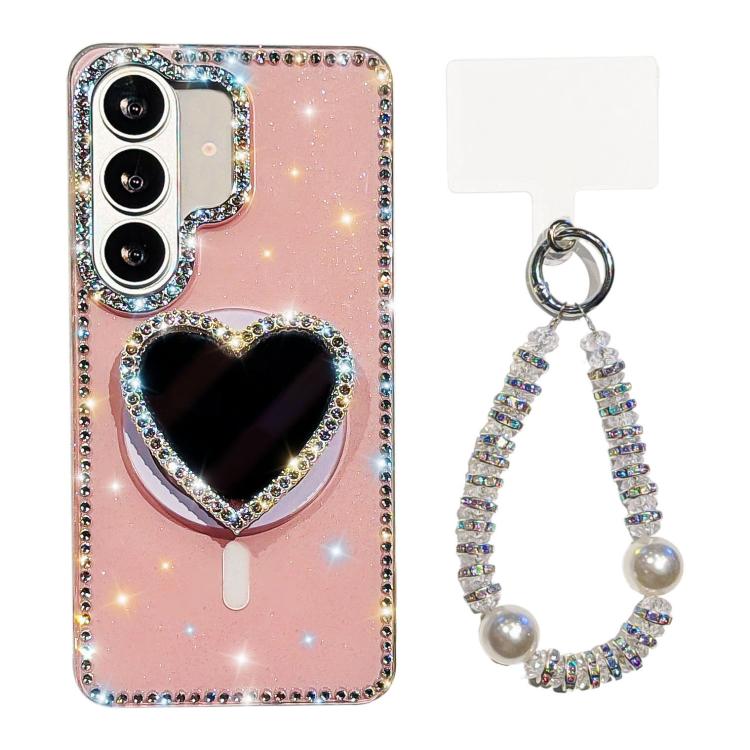 Custodia magnetica per telefono con ciondolo a forma di cuore scintillante IMD e cinturino, For Samsung Galaxy S26+ 5G, For Samsung Galaxy S26 Ultra 5G, For Samsung Galaxy S26 5G, For Samsung Galaxy S25 5G