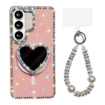 Custodia magnetica per telefono con ciondolo a forma di cuore scintillante IMD e cinturino, For Samsung Galaxy S26+ 5G, For Samsung Galaxy S26 Ultra 5G, For Samsung Galaxy S26 5G, For Samsung Galaxy S25 5G